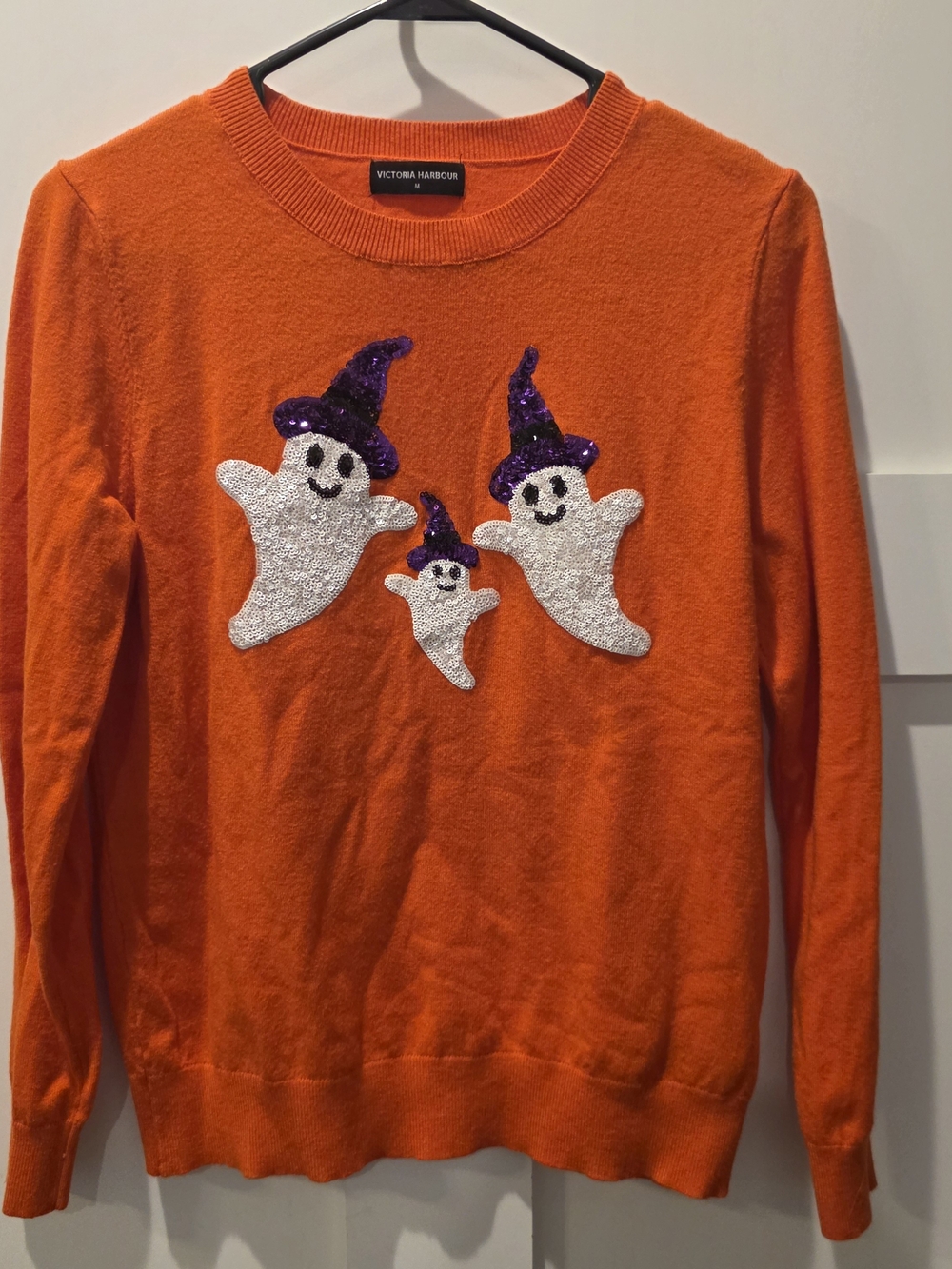 Victoria Harbour Vintage Women's Halloween Sweater Orange Sequin Sparkle Ghosts